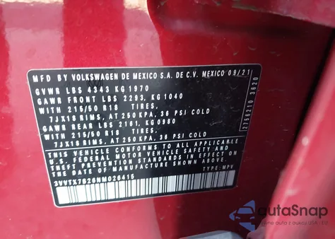 2022 Volkswagen Taos 1.5T Se z USA, uszkodzony, nr VIN 3VVTX7B26NM026415